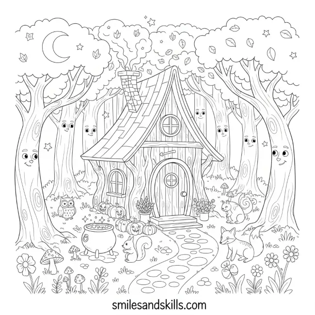 Witch House in Forest Coloring Page