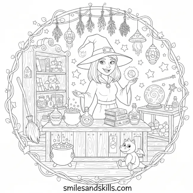 Witch's Magic Shop Coloring Page