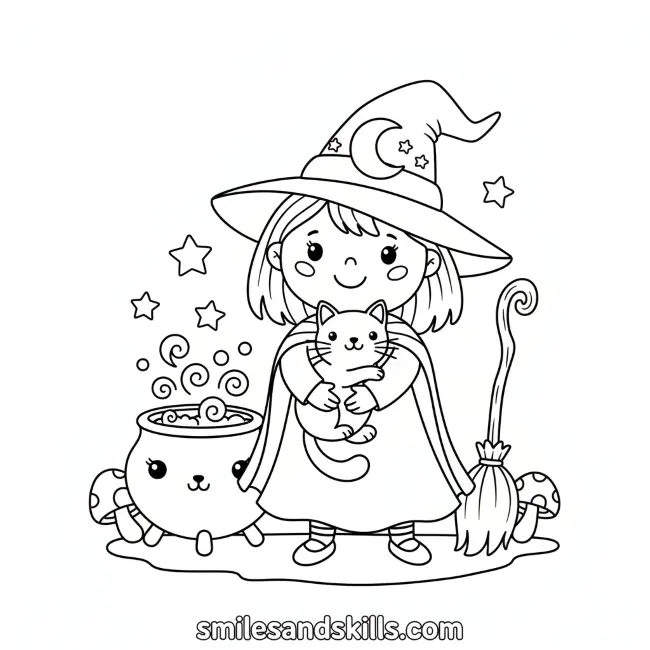 Young Witch with Cat Witch Brewing Potions Classic Witch on Broomstick coloring page