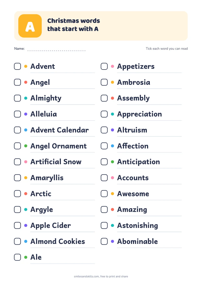 Printable list of Christmas words starting with A, each with a tick box