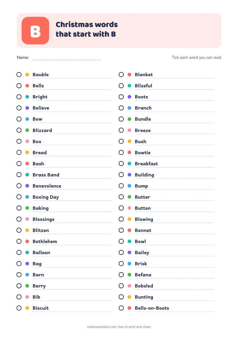 Printable list of Christmas words starting with B, each with a tick box