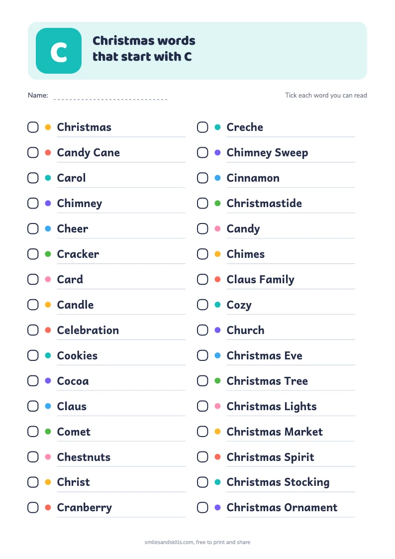 Printable list of Christmas words starting with C, each with a tick box