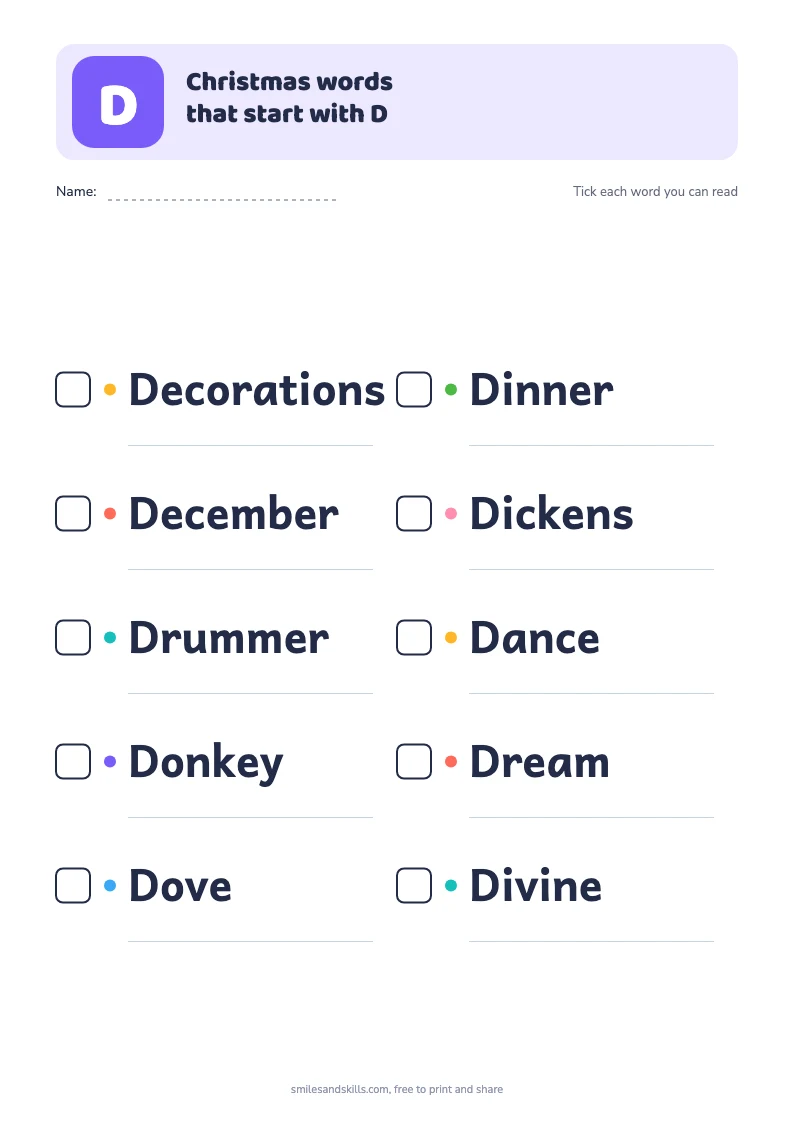 Printable list of Christmas words starting with D, each with a tick box