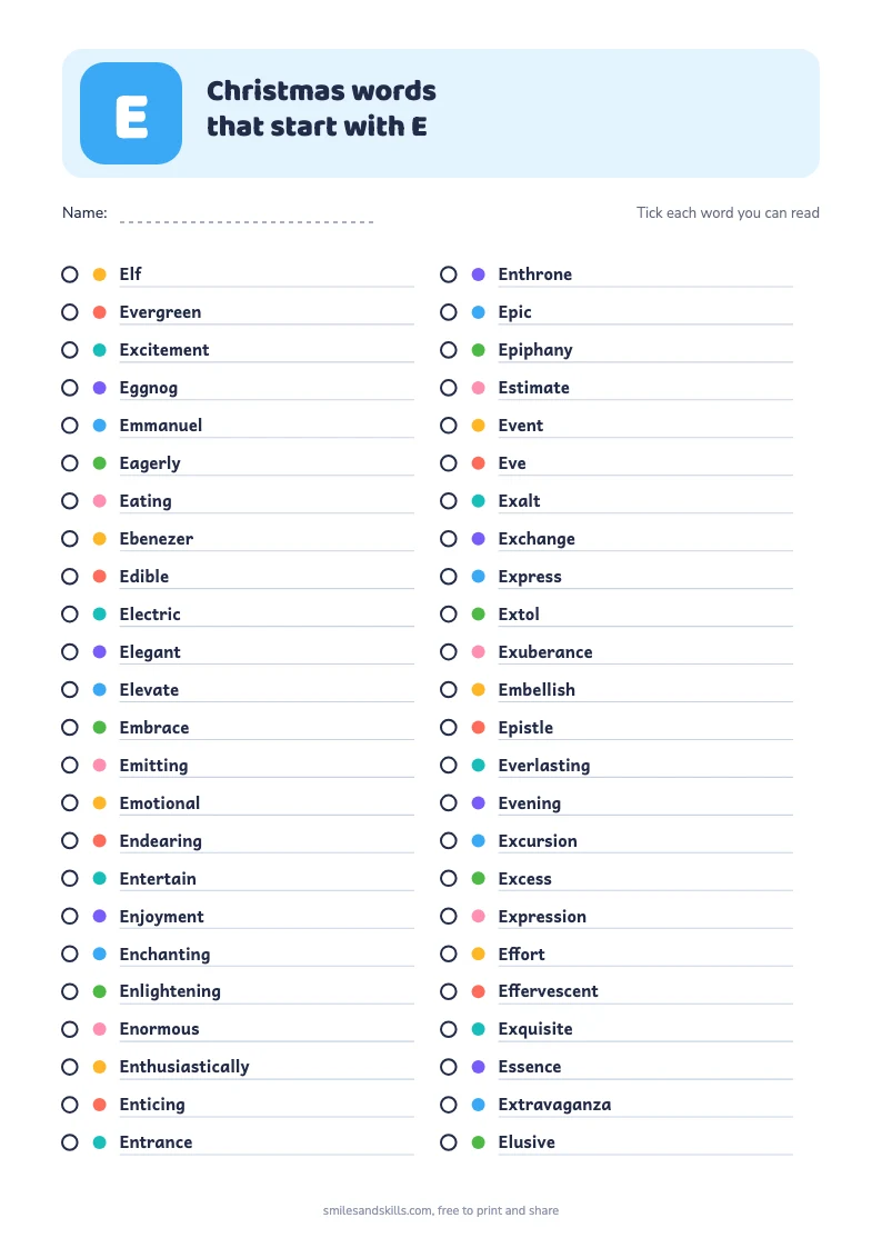 Printable list of Christmas words starting with E, each with a tick box