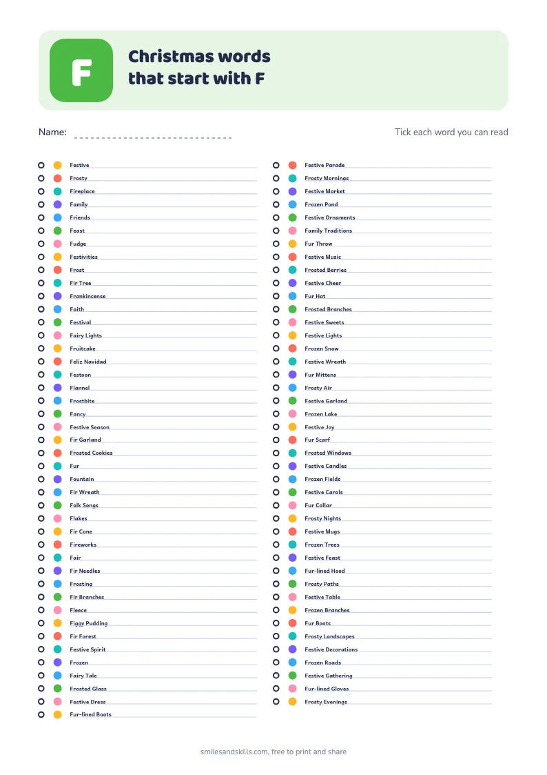 Printable list of Christmas words starting with F, each with a tick box