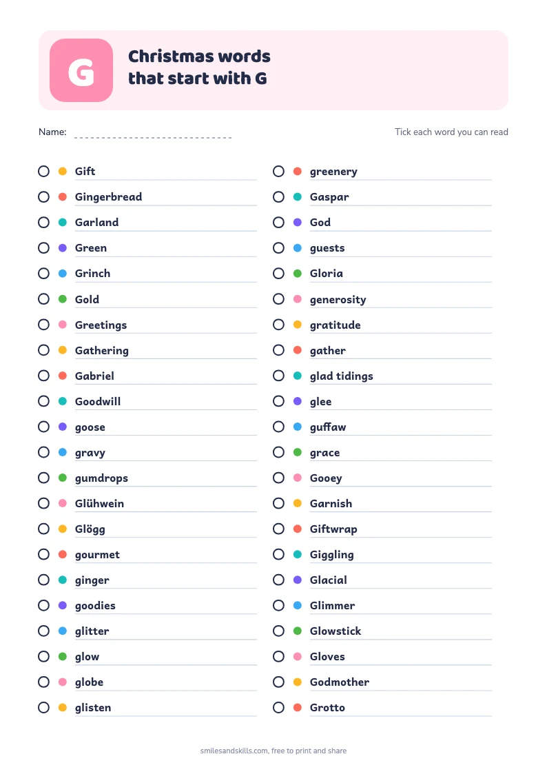 Printable list of Christmas words starting with G, each with a tick box