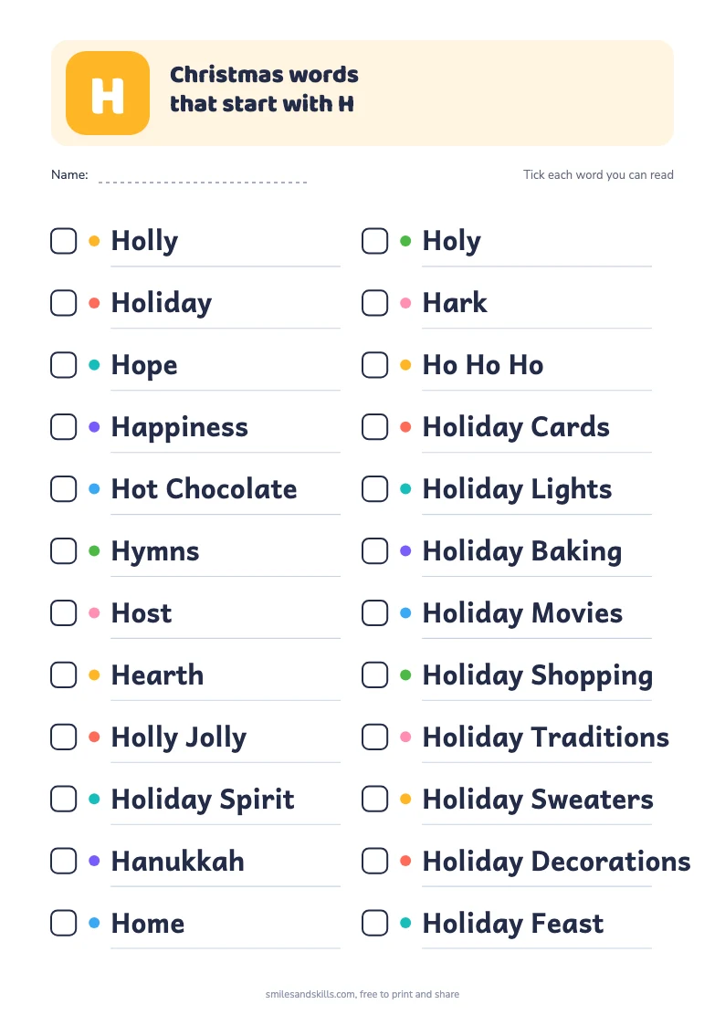 Printable list of Christmas words starting with H, each with a tick box