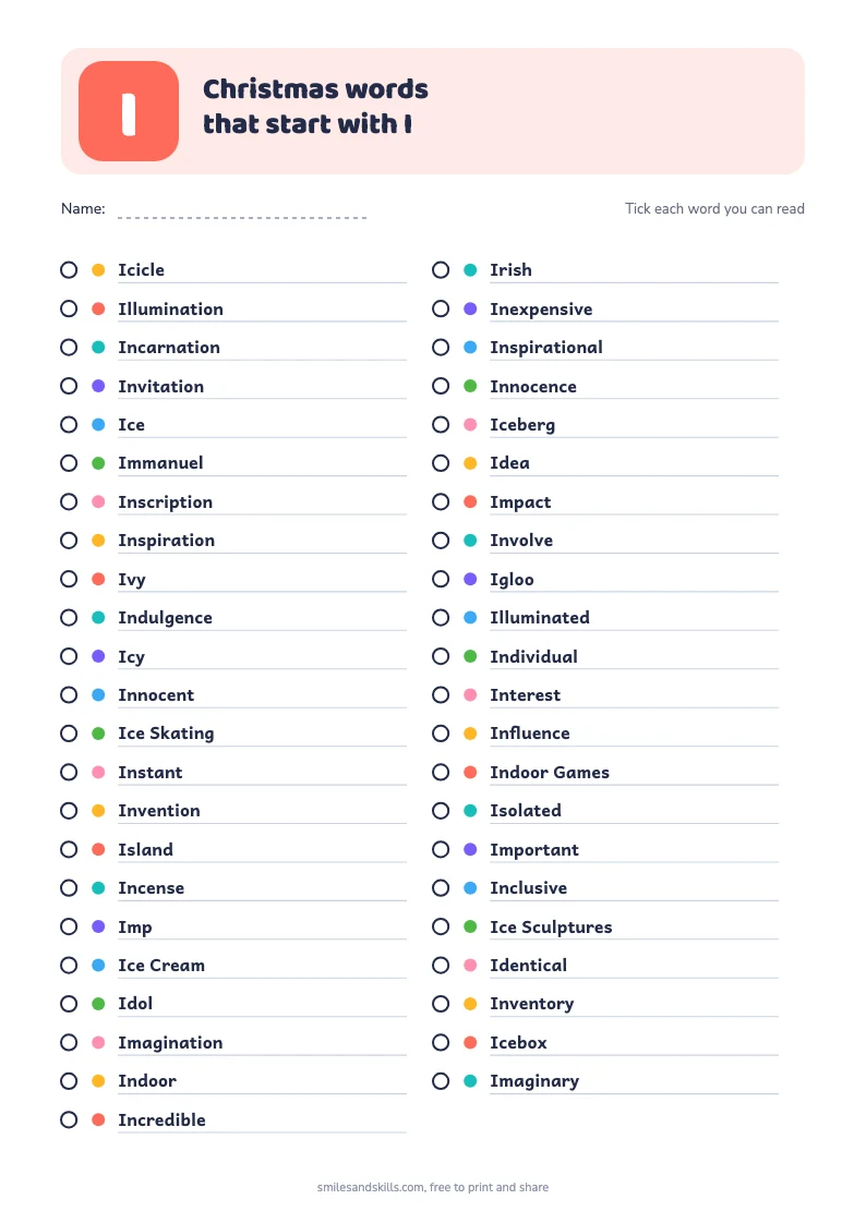 Printable list of Christmas words starting with I, each with a tick box