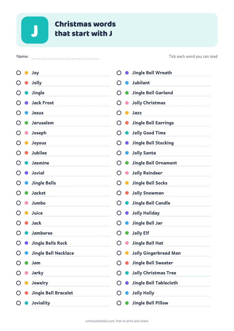 Printable list of Christmas words starting with J, each with a tick box