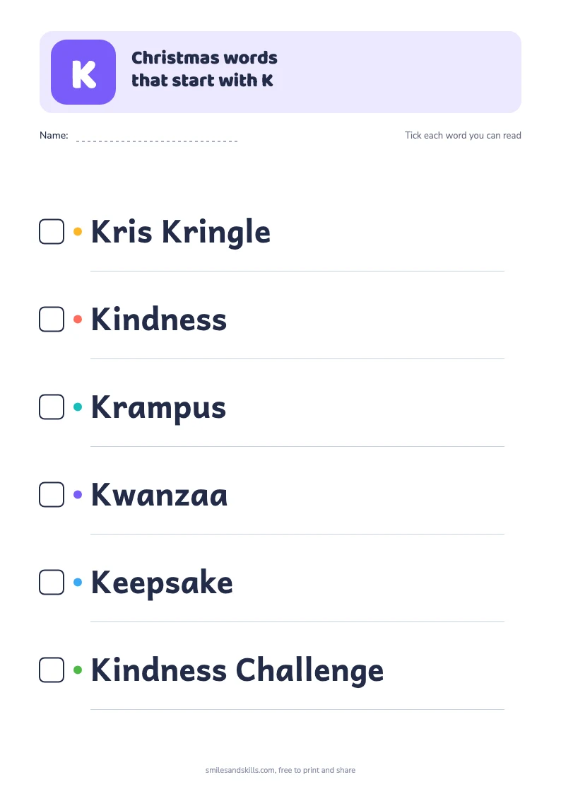Printable list of Christmas words starting with K, each with a tick box