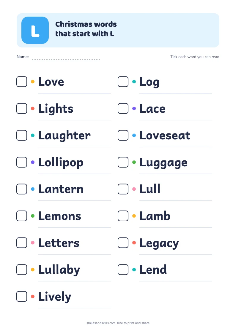 Printable list of Christmas words starting with L, each with a tick box
