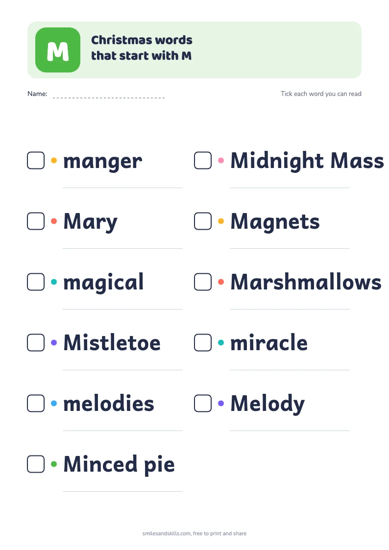 Printable list of Christmas words starting with M, each with a tick box