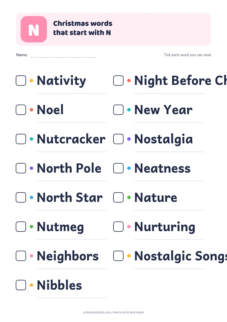 Printable list of Christmas words starting with N, each with a tick box