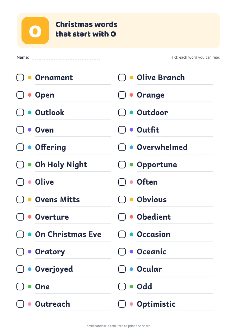 Printable list of Christmas words starting with O, each with a tick box