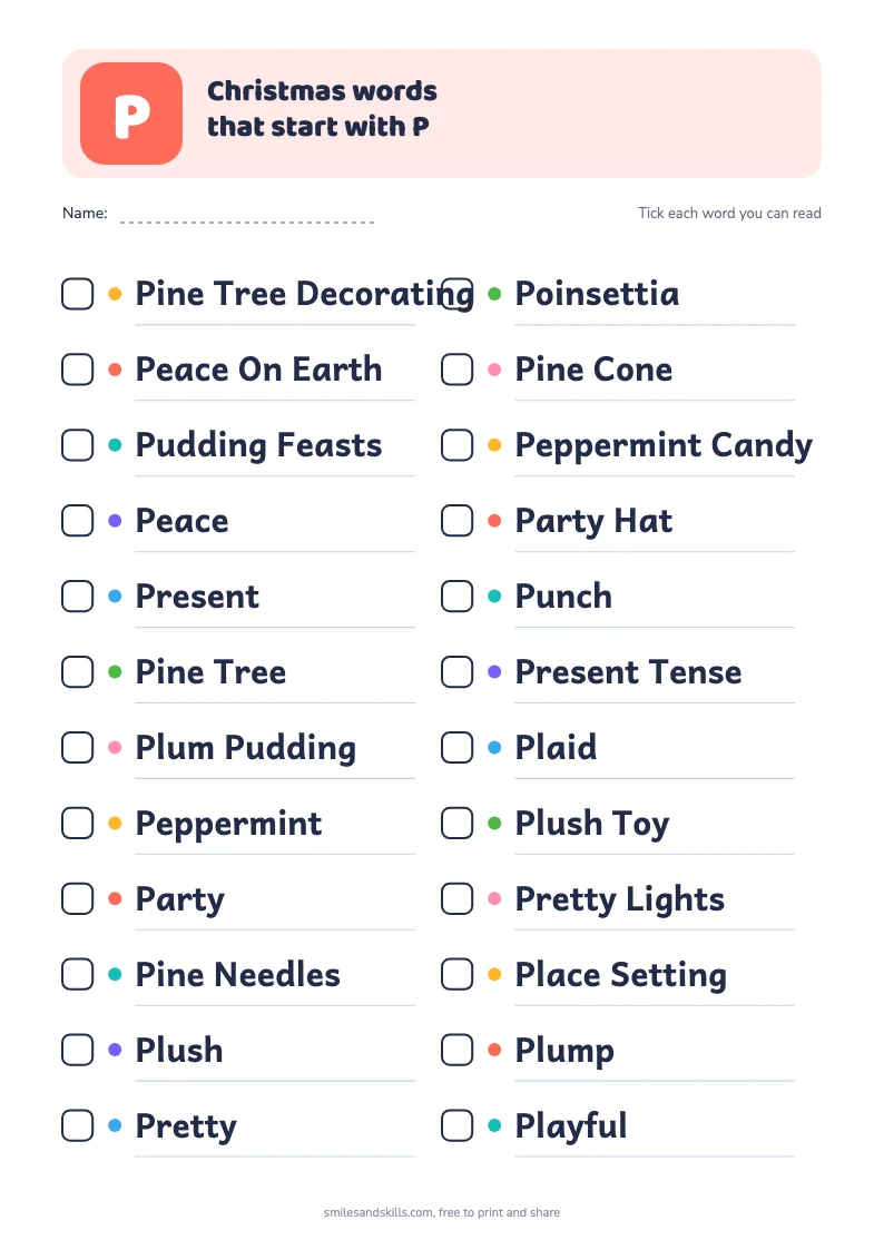 Printable list of Christmas words starting with P, each with a tick box
