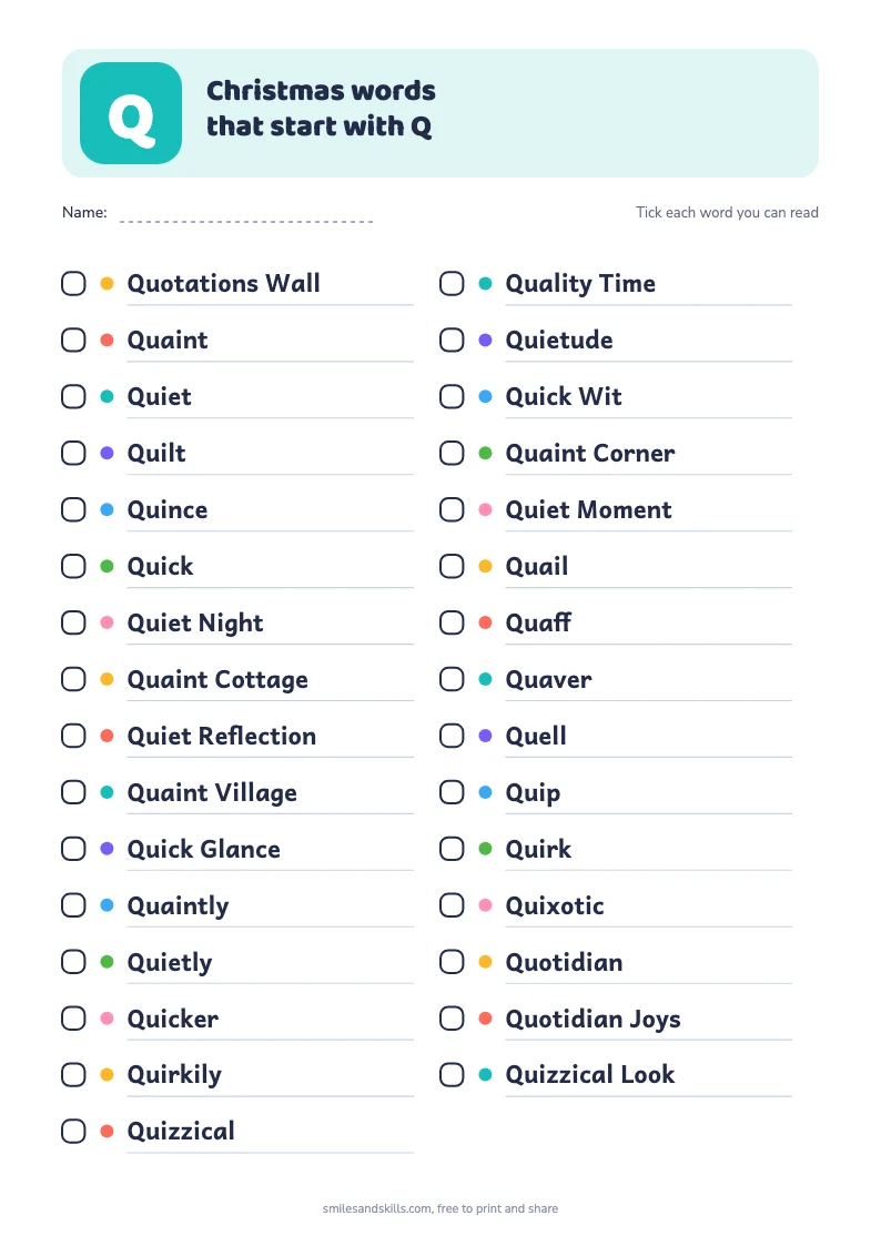 Printable list of Christmas words starting with Q, each with a tick box