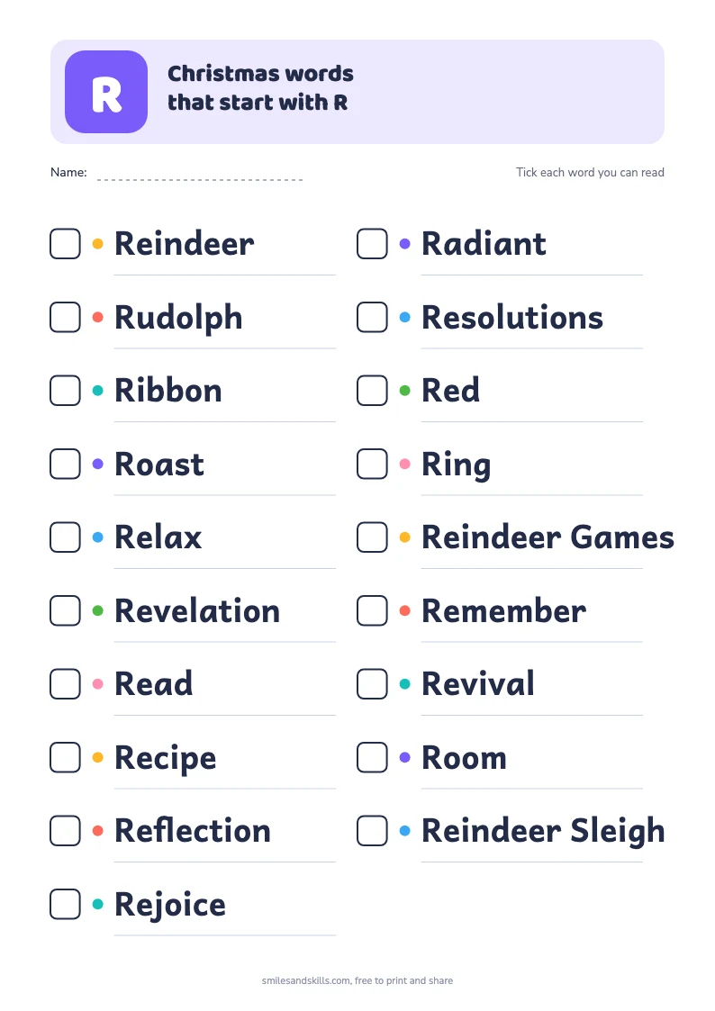 Printable list of Christmas words starting with R, each with a tick box