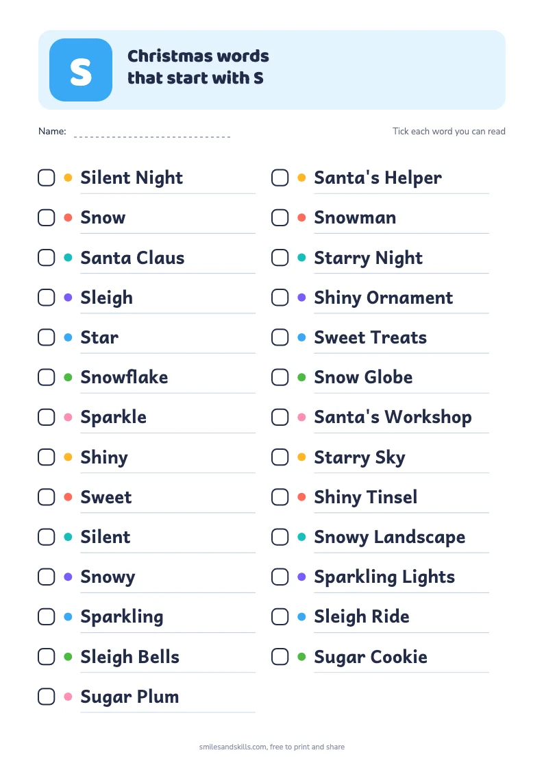 Printable list of Christmas words starting with S, each with a tick box