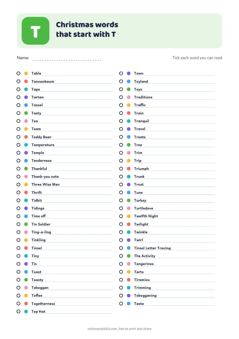 Printable list of Christmas words starting with T, each with a tick box