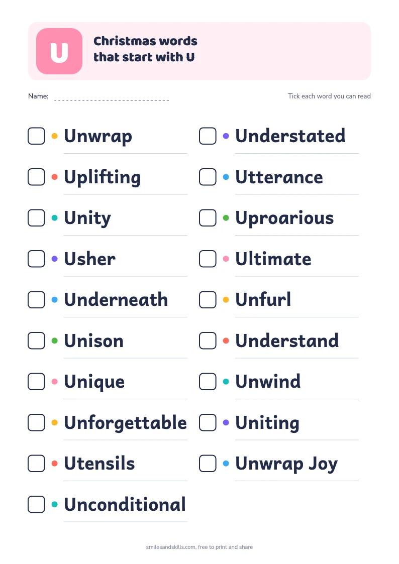Printable list of Christmas words starting with U, each with a tick box