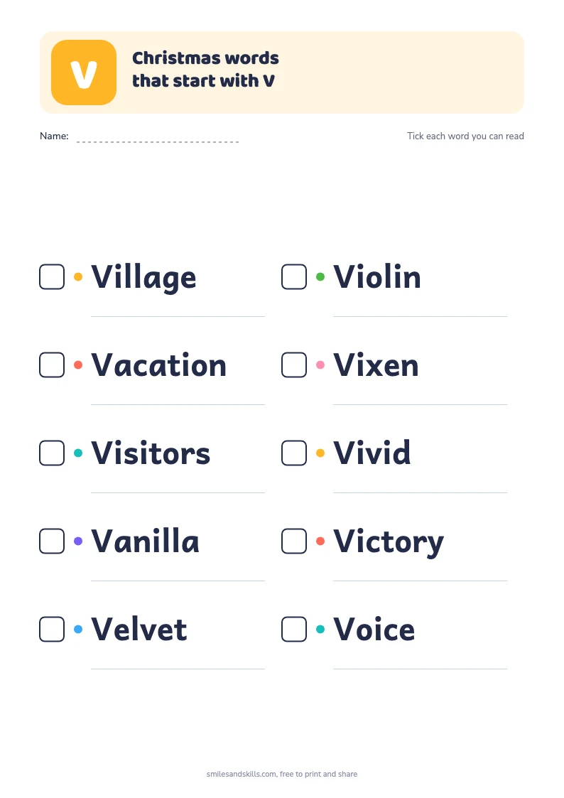 Printable list of Christmas words starting with V, each with a tick box
