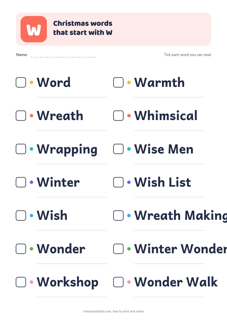 Printable list of Christmas words starting with W, each with a tick box