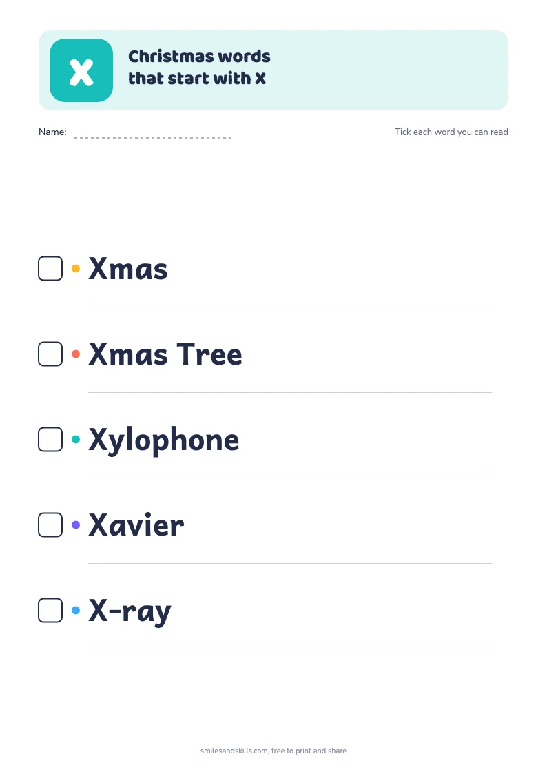 Printable list of Christmas words starting with X, each with a tick box