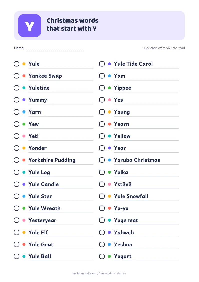 Printable list of Christmas words starting with Y, each with a tick box