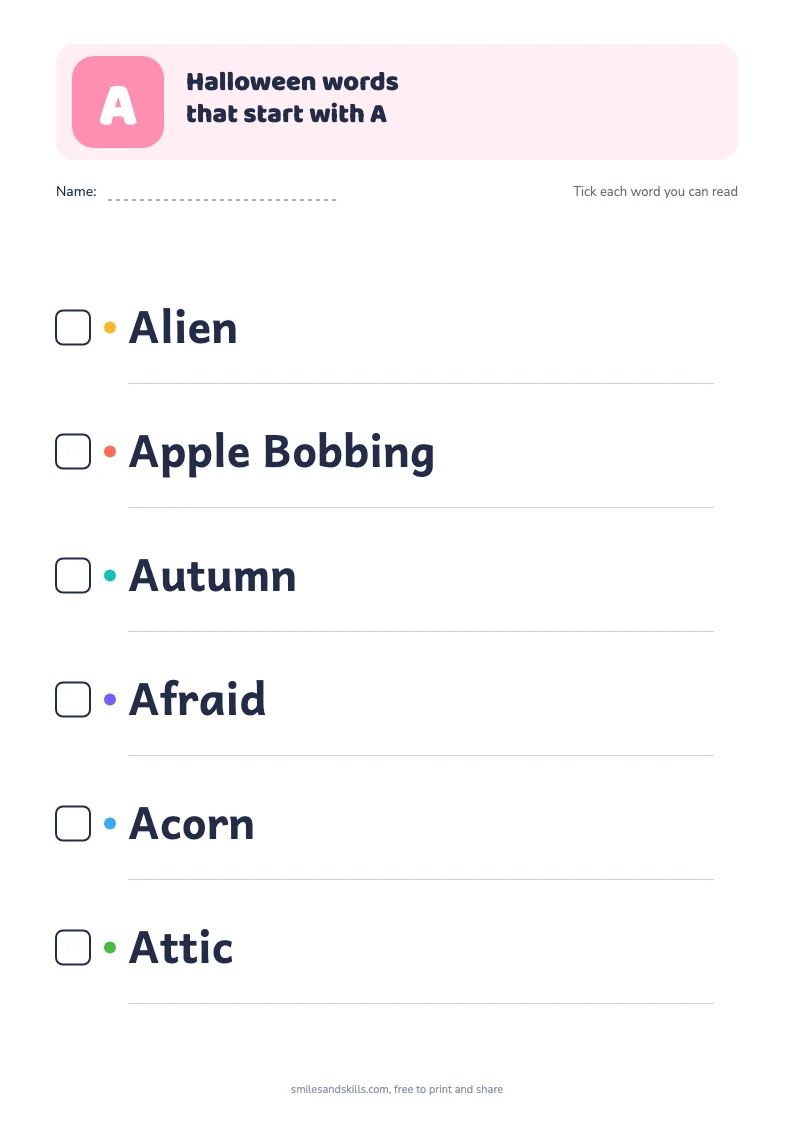 Printable list of Halloween words starting with A, each with a tick box