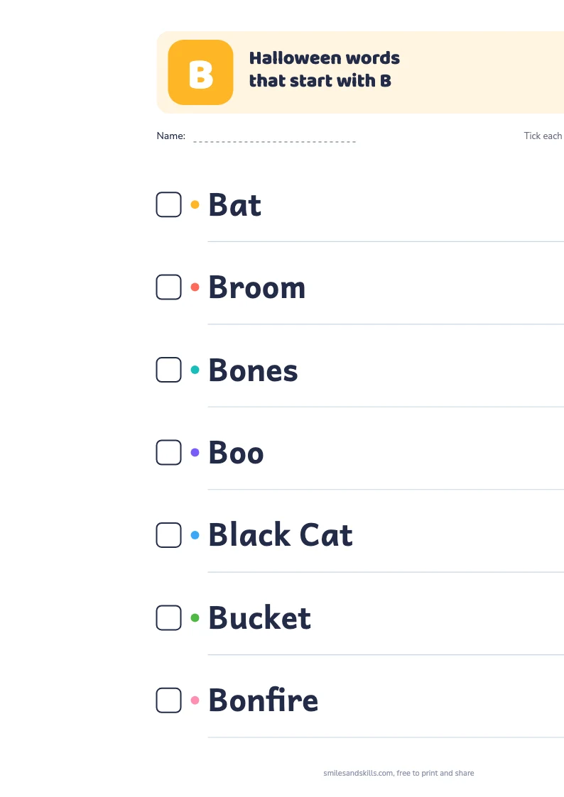 Printable list of Halloween words starting with B, each with a tick box
