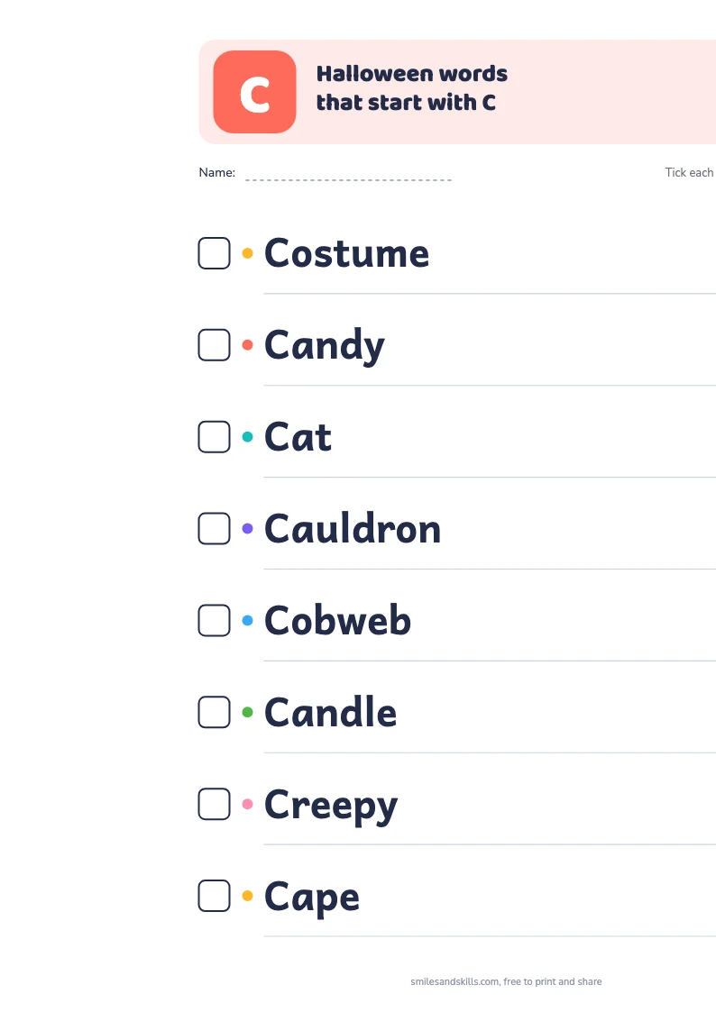 Printable list of Halloween words starting with C, each with a tick box