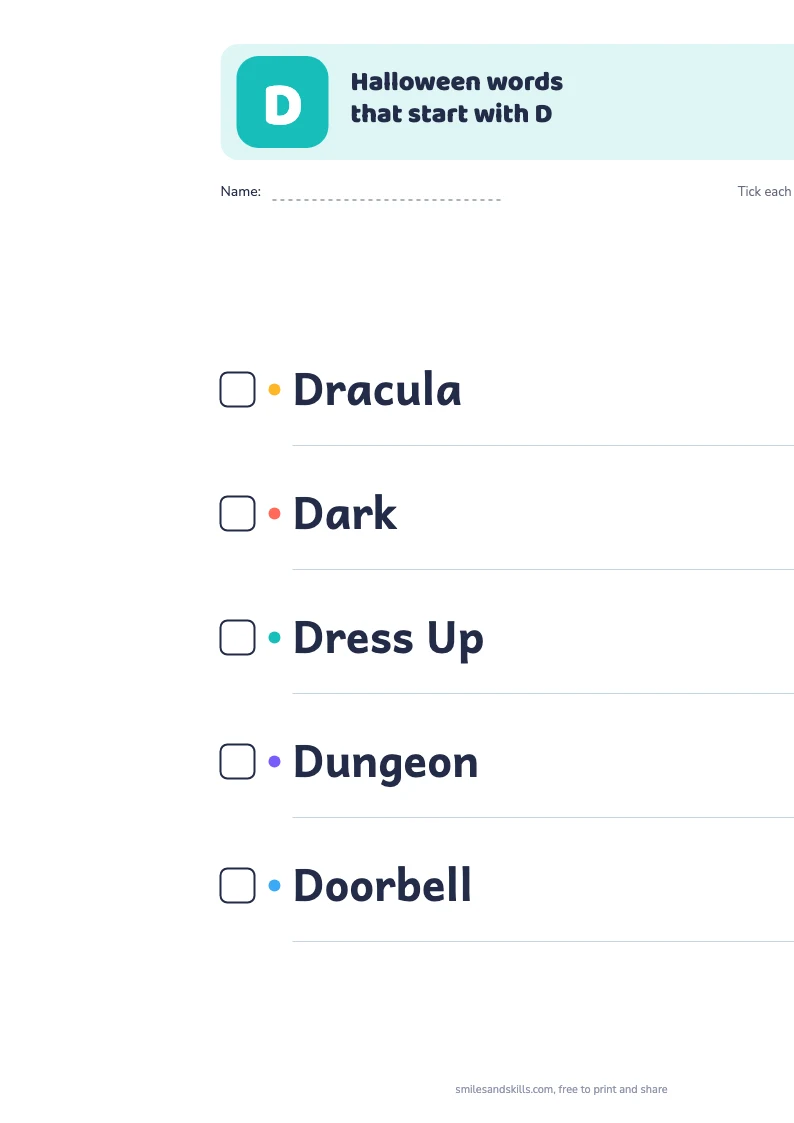 Printable list of Halloween words starting with D, each with a tick box