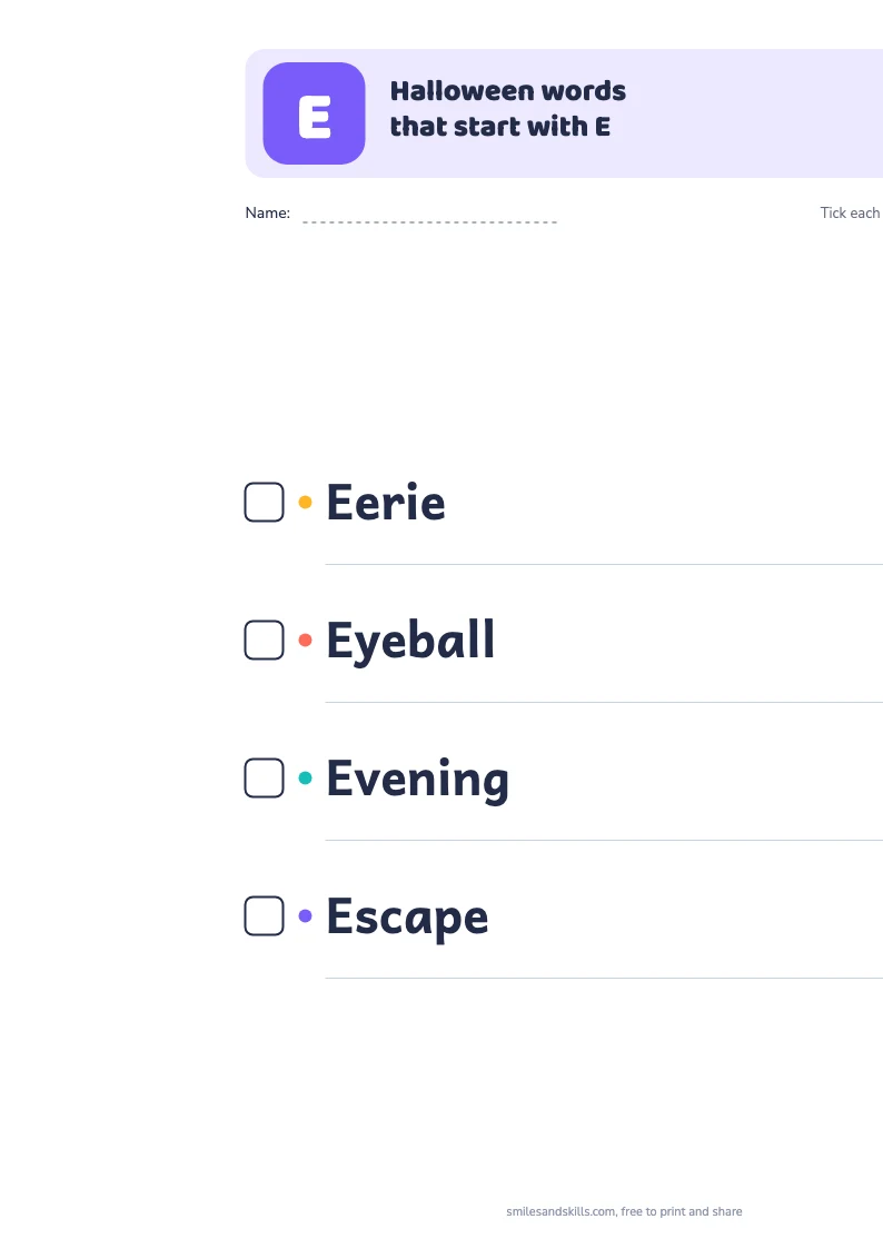 Printable list of Halloween words starting with E, each with a tick box