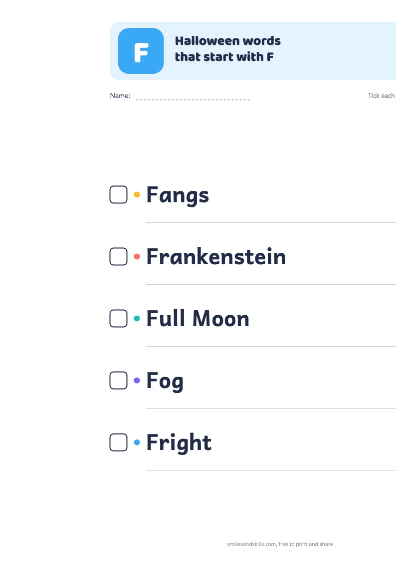 Printable list of Halloween words starting with F, each with a tick box