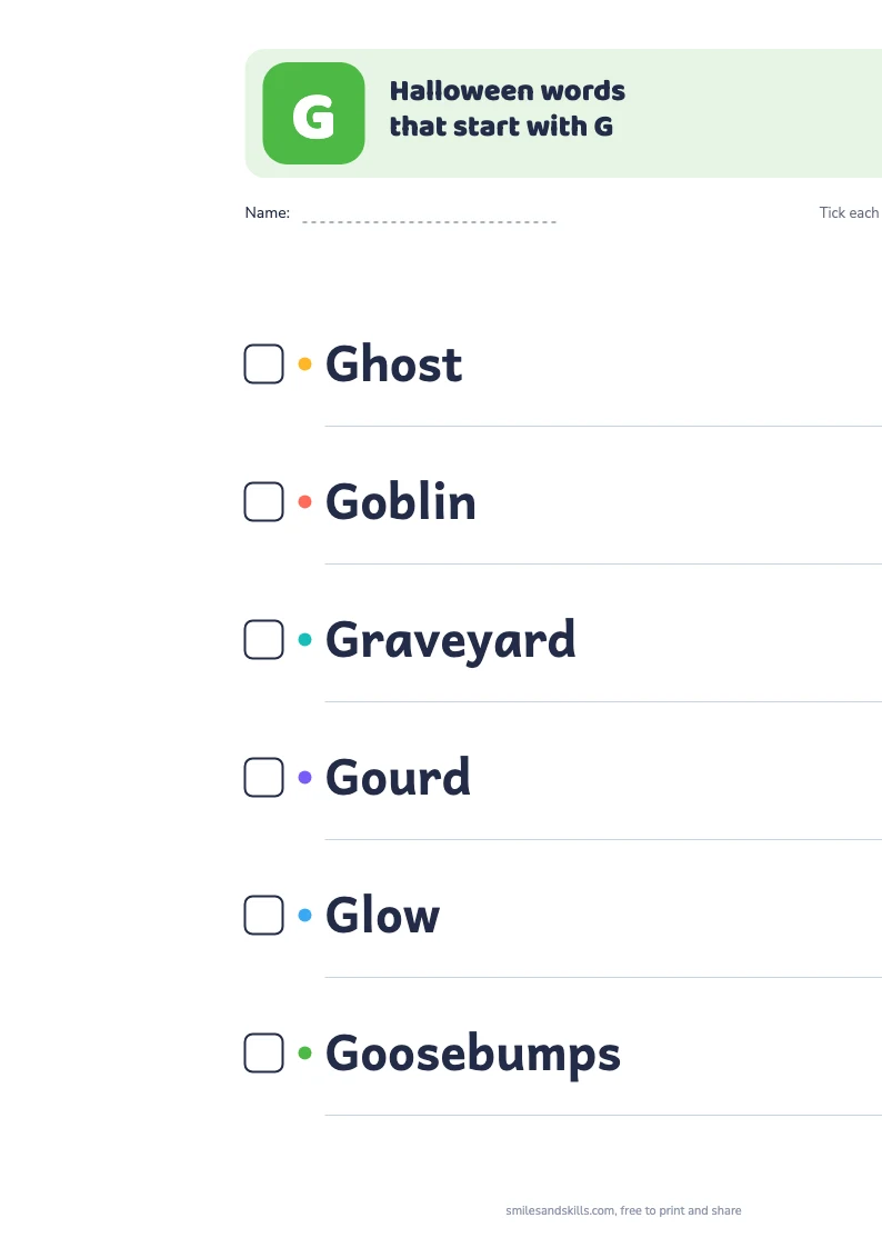 Printable list of Halloween words starting with G, each with a tick box
