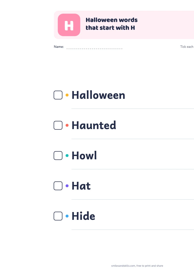 Printable list of Halloween words starting with H, each with a tick box