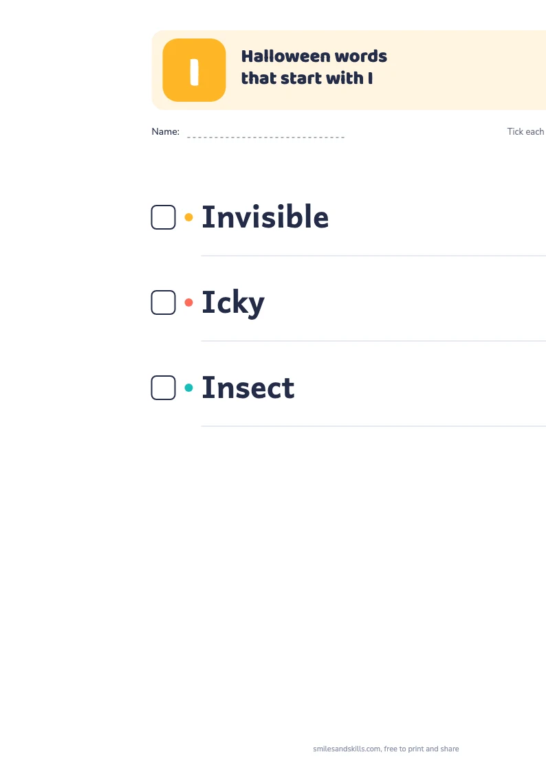Printable list of Halloween words starting with I, each with a tick box