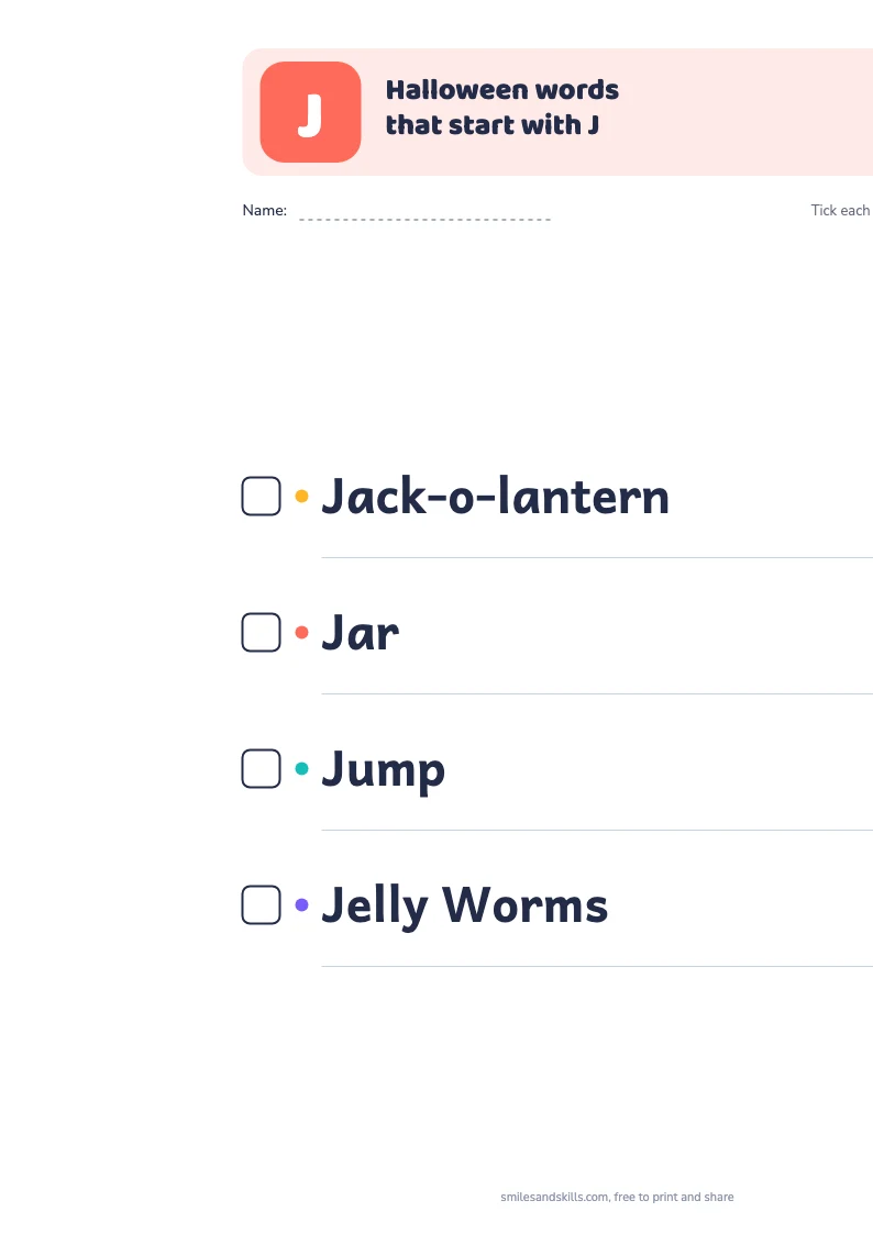 Printable list of Halloween words starting with J, each with a tick box