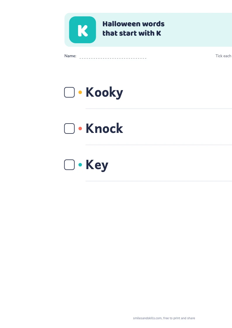 Printable list of Halloween words starting with K, each with a tick box