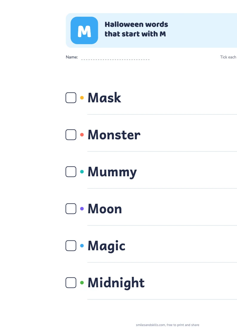 Printable list of Halloween words starting with M, each with a tick box