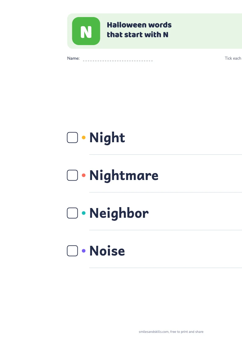 Printable list of Halloween words starting with N, each with a tick box