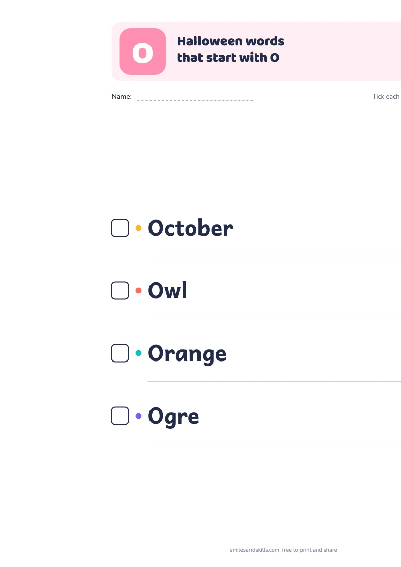 Printable list of Halloween words starting with O, each with a tick box