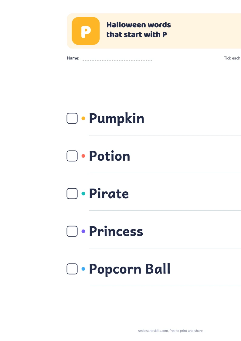 Printable list of Halloween words starting with P, each with a tick box
