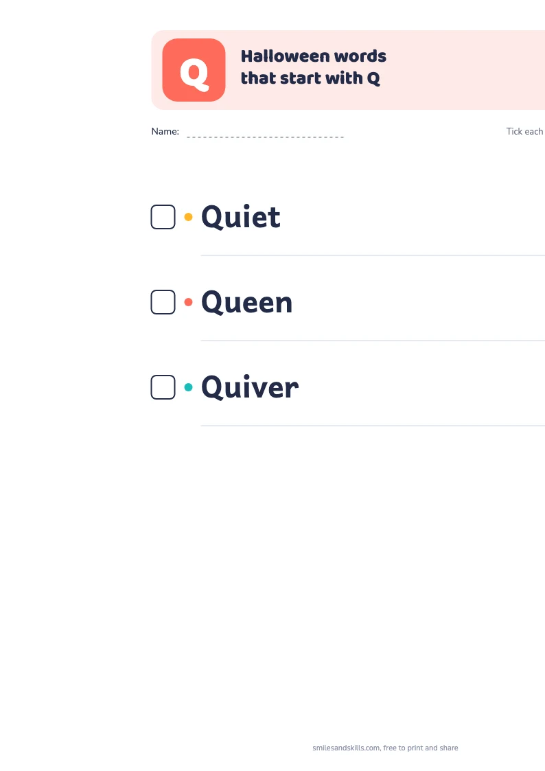 Printable list of Halloween words starting with Q, each with a tick box