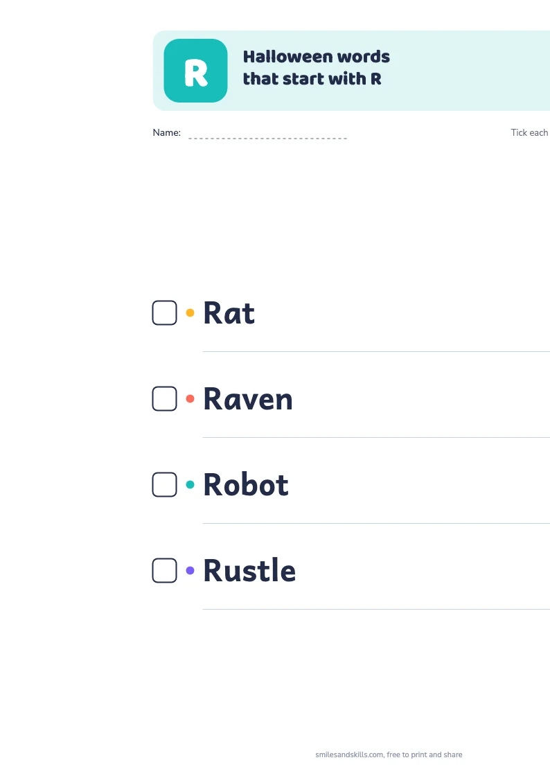 Printable list of Halloween words starting with R, each with a tick box