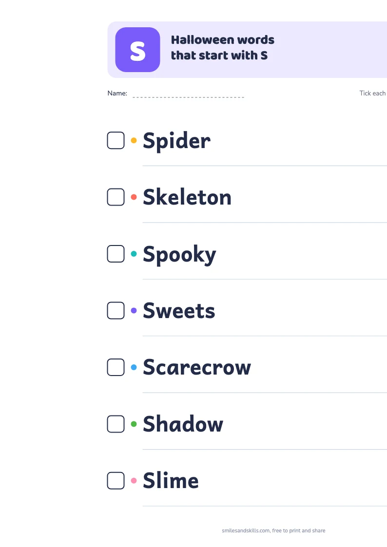 Printable list of Halloween words starting with S, each with a tick box