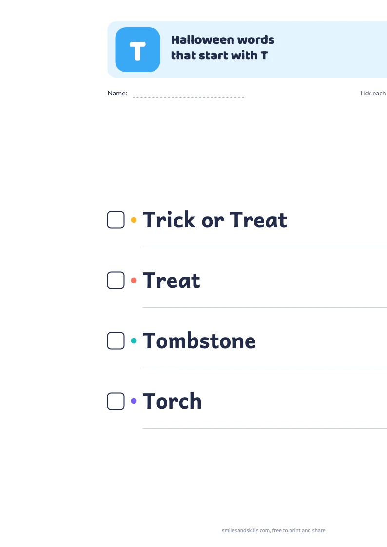 Printable list of Halloween words starting with T, each with a tick box