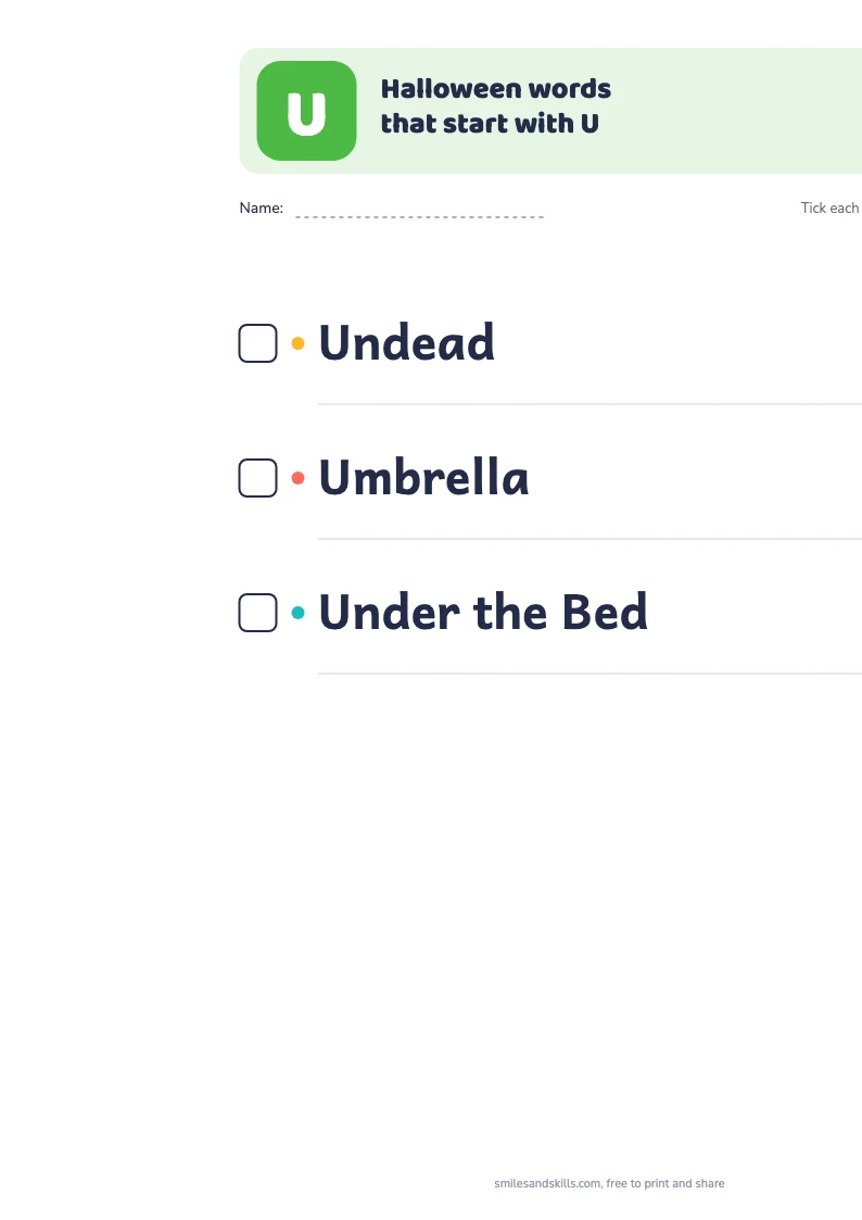 Printable list of Halloween words starting with U, each with a tick box