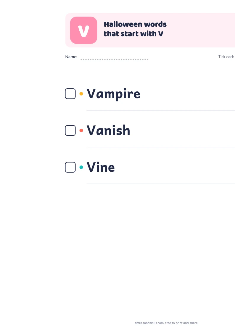 Printable list of Halloween words starting with V, each with a tick box