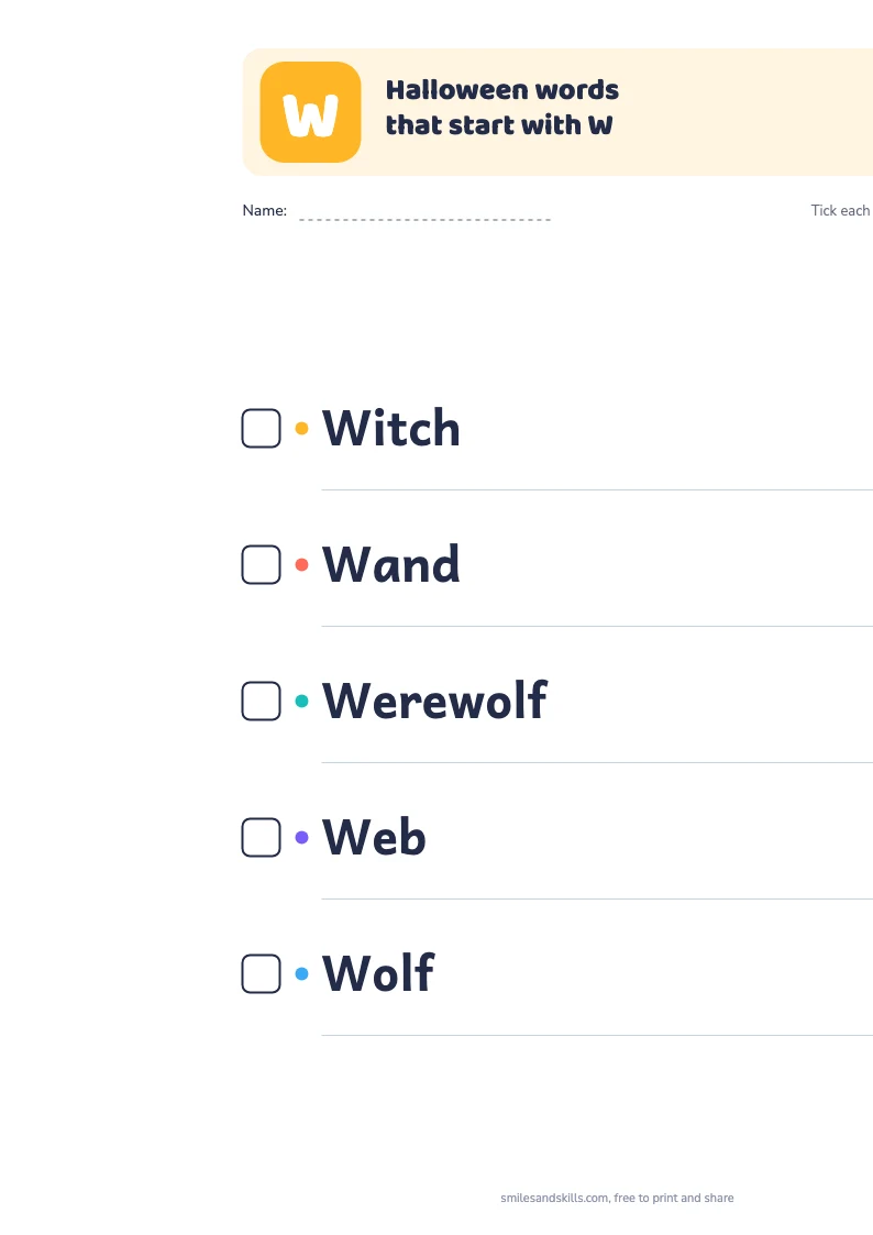 Printable list of Halloween words starting with W, each with a tick box